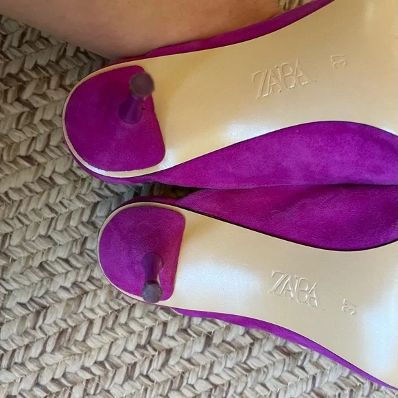 Zara Slip On Leather Kitten Heel Mule Fuchsia size 6.5 - Picture 7 of 7